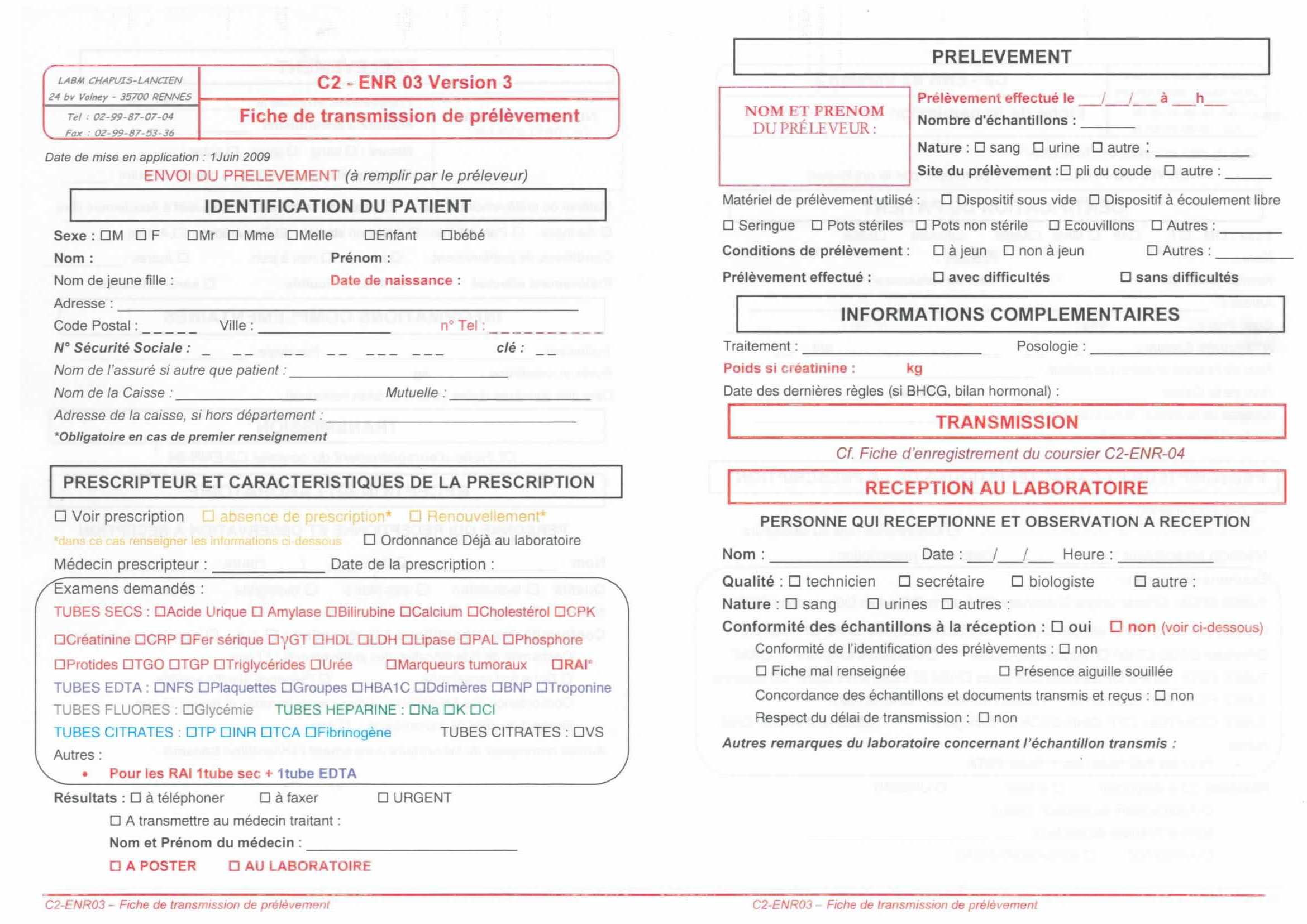 fiche transmission prel&egrave;vement sanguins