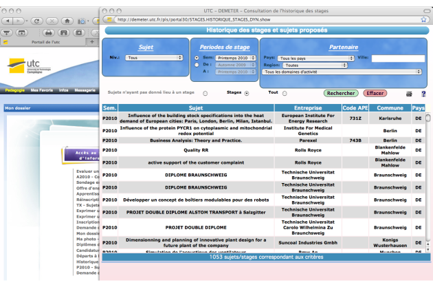 L'interface de recherche sur le service Historique des stages