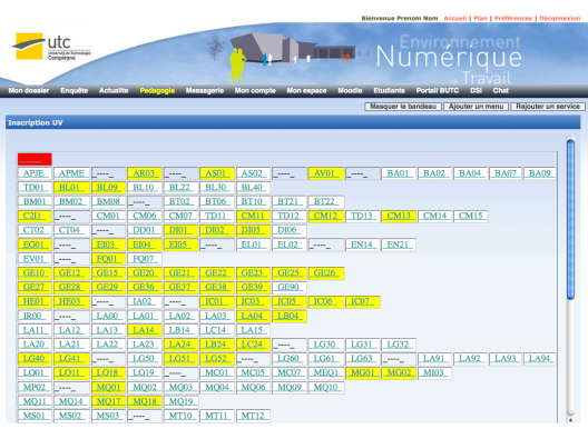 L'interface d'inscription aux enseignements