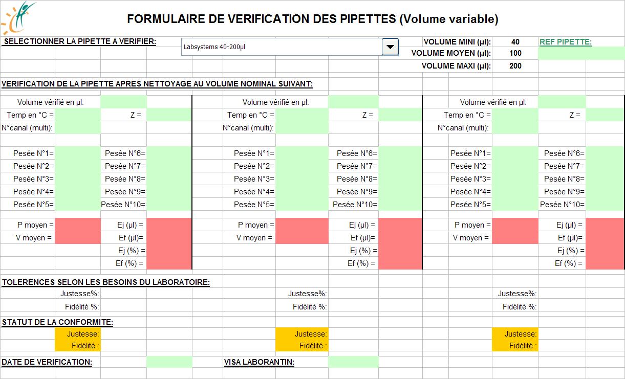 Formulaire de v&eacute;rification des pipettes