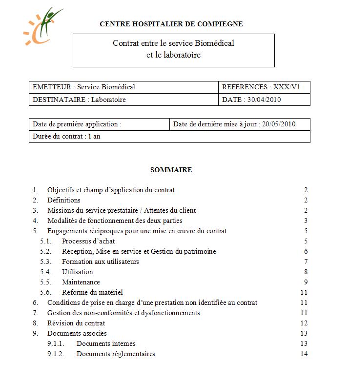 Sommaire du contrat entre le service Biom&eacute;dical et le Laboratoire