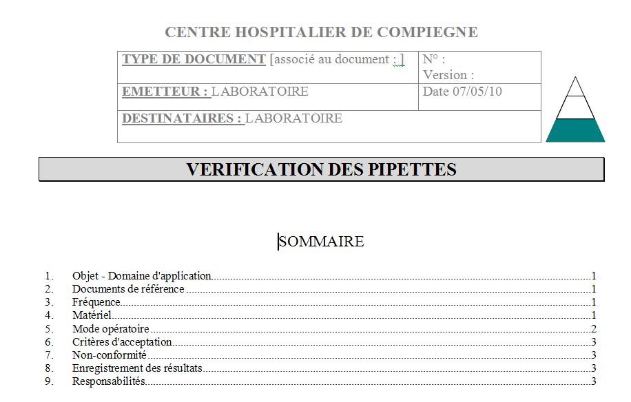 Sommaire du protocole de v&eacute;rification des pipettes