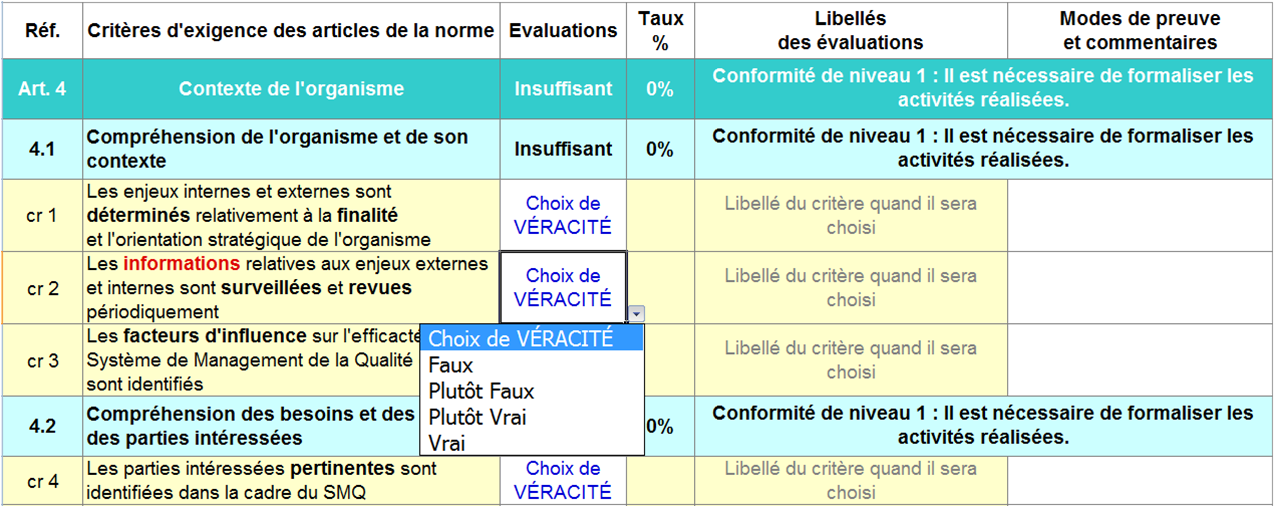 Onglet " Exigences " de
          l'outil d’auto-diagnostic