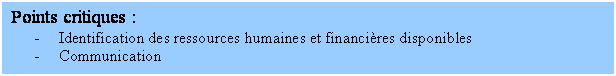 Zone de Texte: Points critiques :
- Identification des ressources humaines et financières disponibles
- Communication