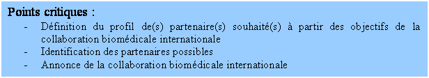 Zone de Texte: Points critiques :
- Définition du profil de(s) partenaire(s) souhaité(s) à partir des objectifs de la collaboration biomédicale internationale
- Identification des partenaires possibles
- Annonce de la collaboration biomédicale internationale