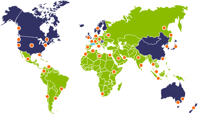 carte mondiale de la reprsentation de
        l'organisation par zone et des sites d'implantation