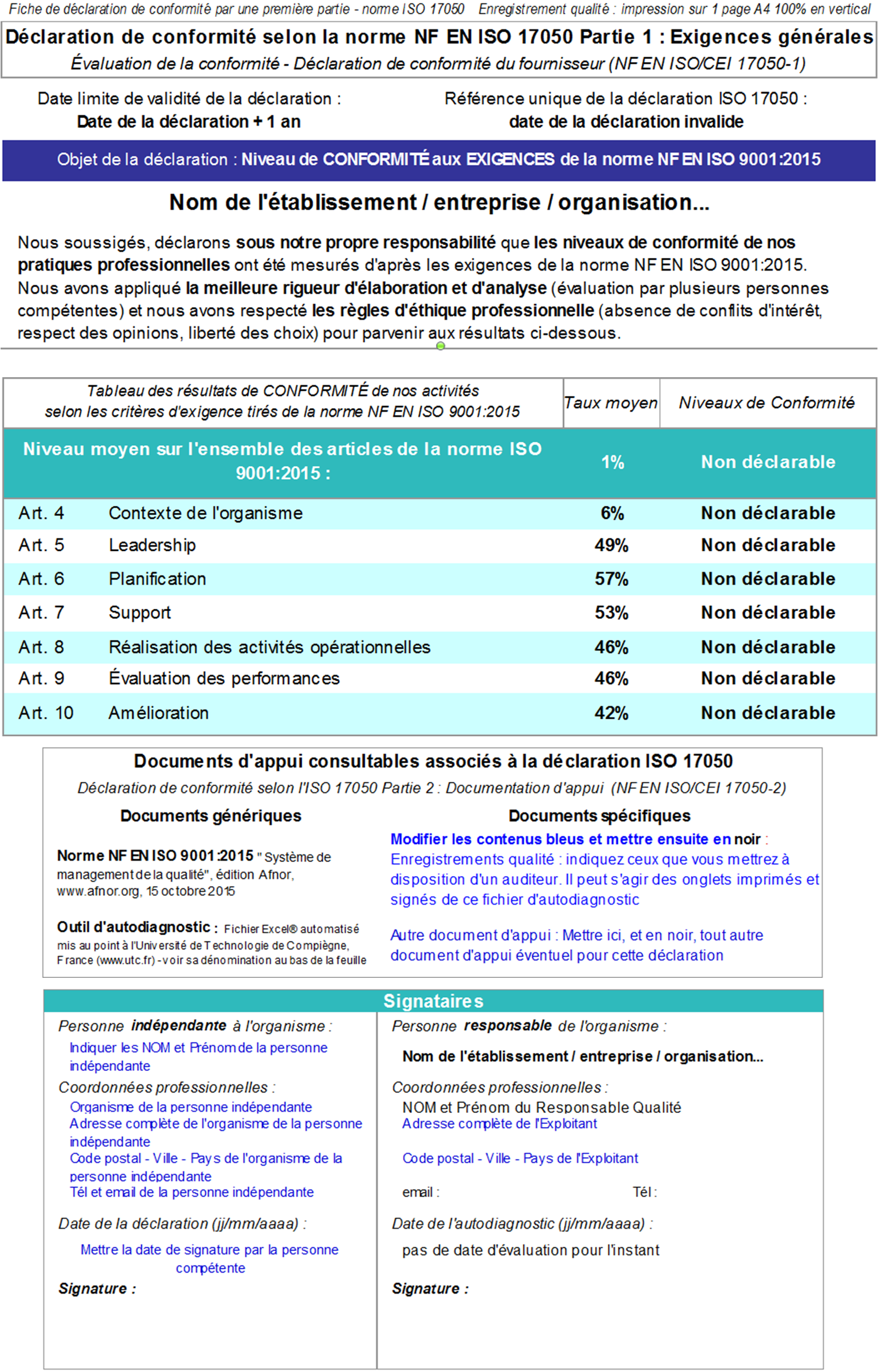 Onglet "Déclaration
        ISO 17050" de l’outil d’auto-diagnostic